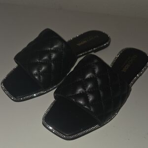 Fashion Nova Black Quilted Sandals with Silver Accents